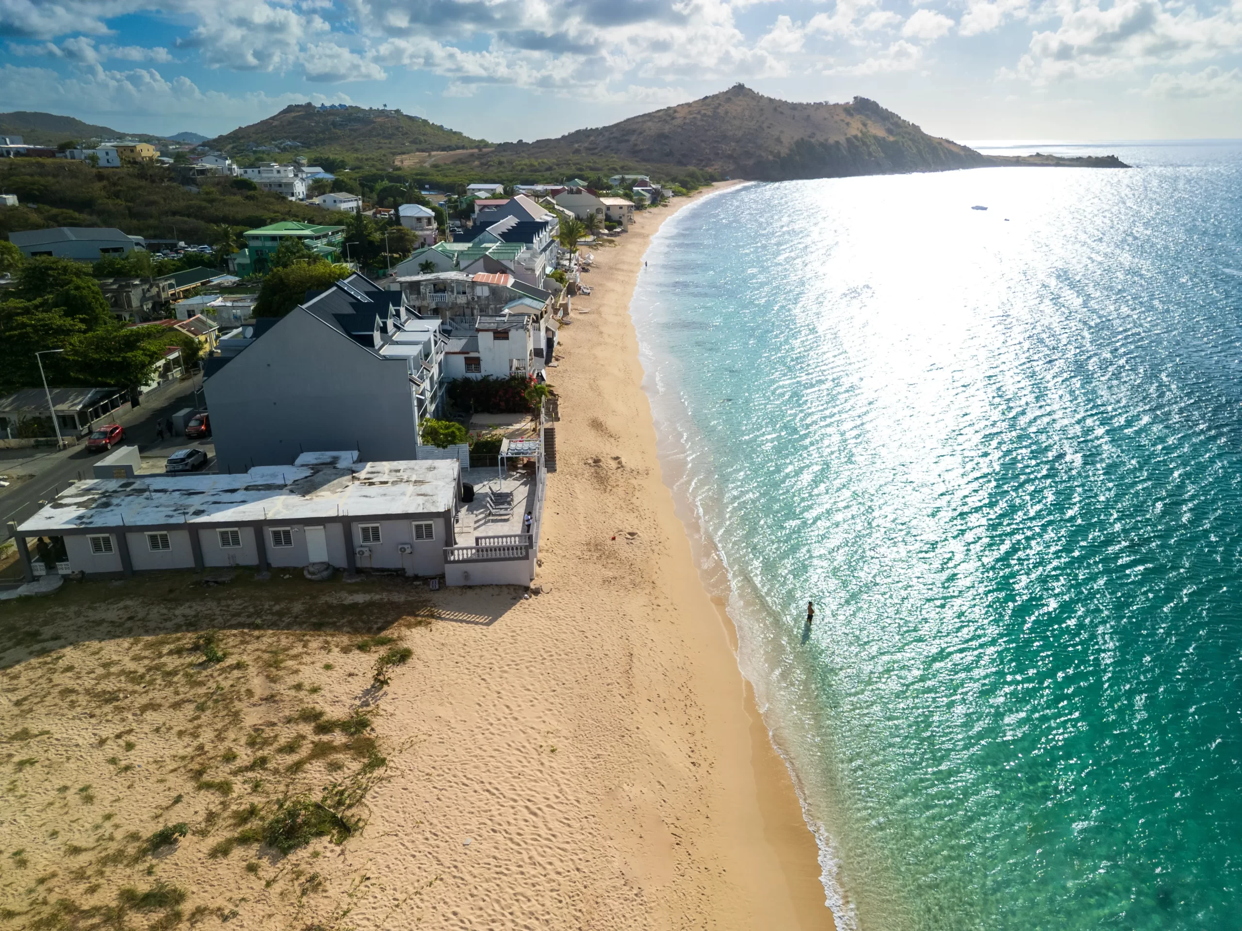 Aerial view along Grand Case Beach beside Novels Villa